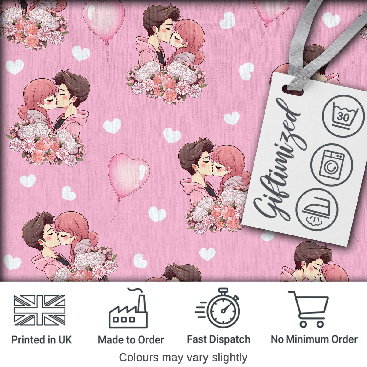 Cute Valentines Couple Kissing Floral Hearts Balloon Soft Pink Background Seamless Pattern Digital Print Fabric by the Metre UK