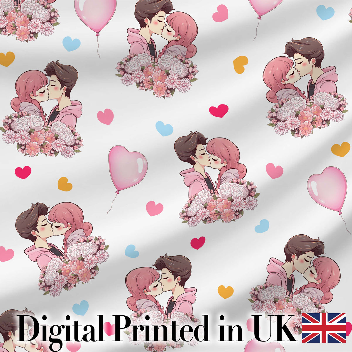 Cute Valentines Couple Kissing Floral Hearts Balloon Grey Background Seamless Pattern Digital Print Fabric by the Metre UK