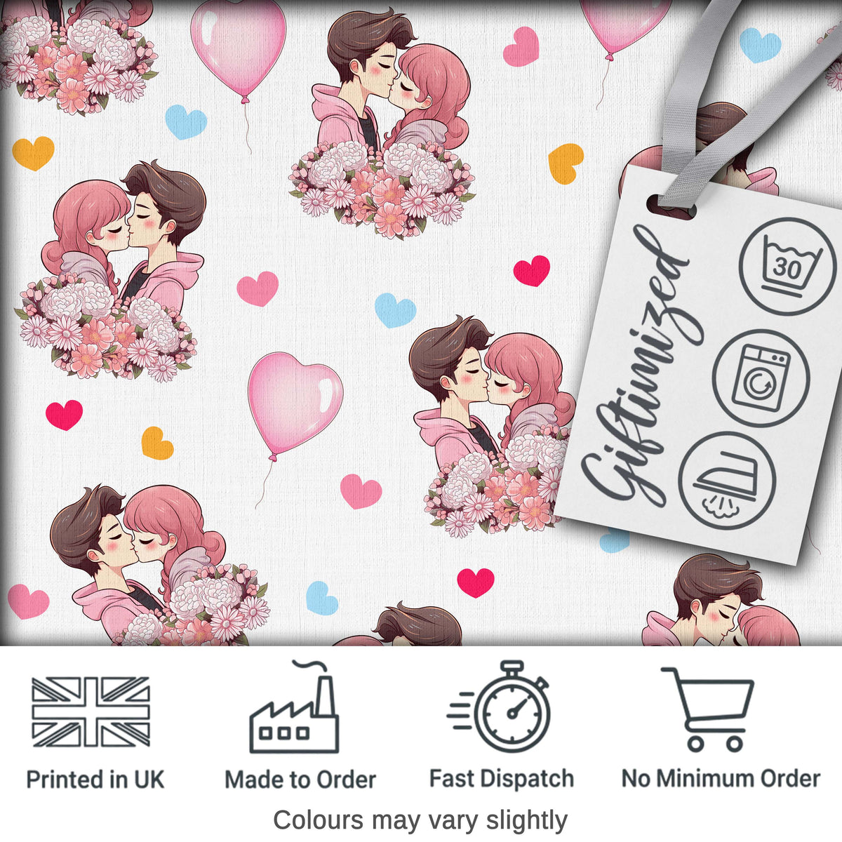 Cute Valentines Couple Kissing Floral Hearts Balloon Grey Background Seamless Pattern Digital Print Fabric by the Metre UK