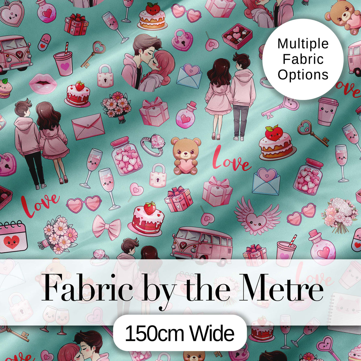 Cute Valentines Couple Love Gifts Hearts Mint Background Seamless Pattern Digital Print Fabric by the Metre UK Sewing Quilting Textile