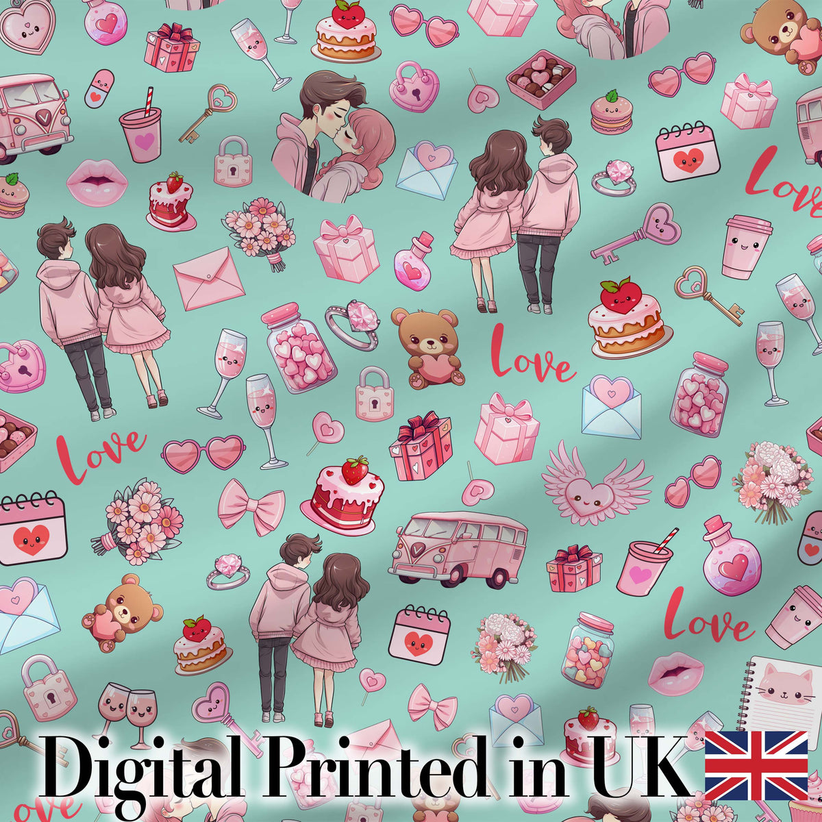 Cute Valentines Couple Love Gifts Hearts Mint Background Seamless Pattern Digital Print Fabric by the Metre UK Sewing Quilting Textile