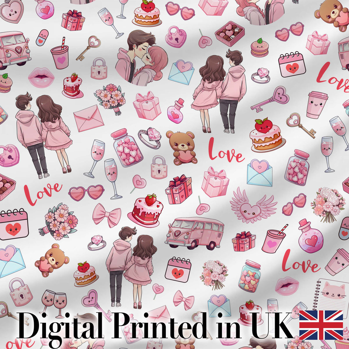 Cute Valentines Couple Love Gifts Hearts Grey Background Seamless Pattern Digital Print Fabric by the Metre UK Sewing Quilting Textile