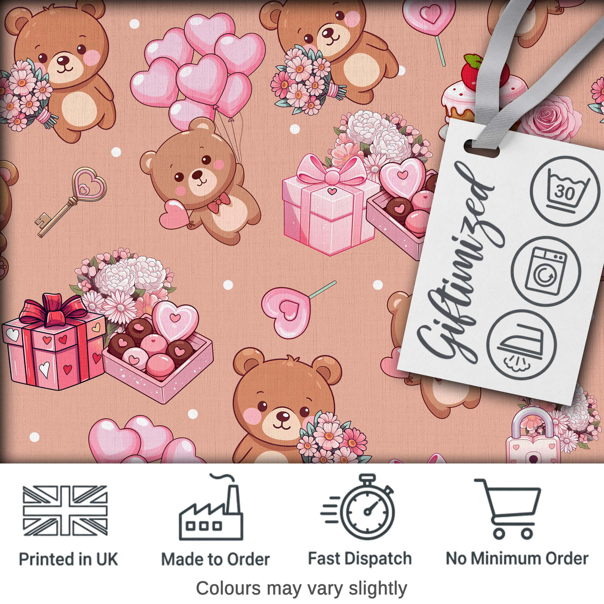 Cute Teddy Bears Hearts Floral Beige Background Valentines Seamless Pattern Digital Print Fabric by the Metre UK Sewing Quilting Textile