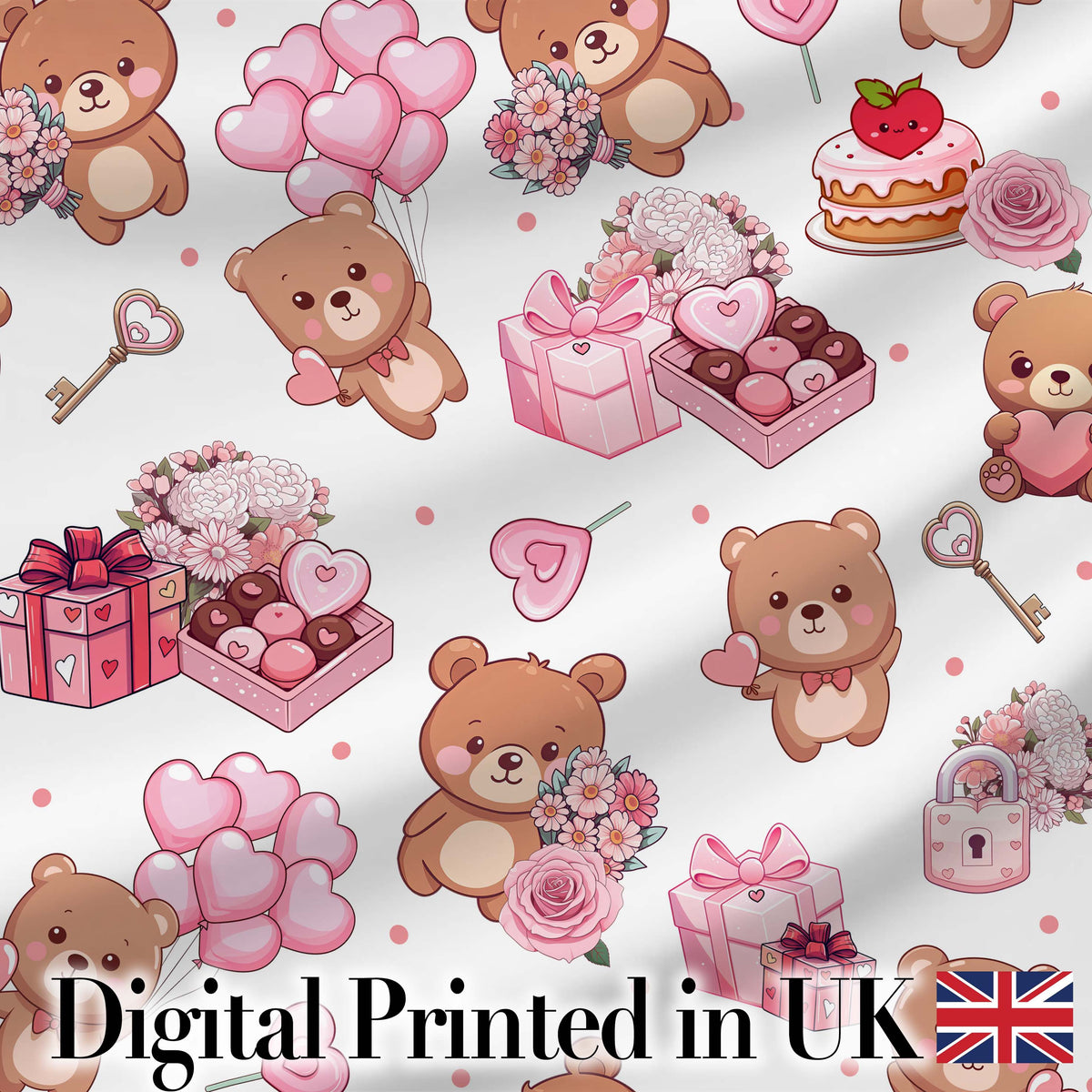 Cute Teddy Bears Hearts Balloons Gifts Grey Background Seamless Pattern Digital Print Fabric by the Metre UK Sewing Quilting Textile
