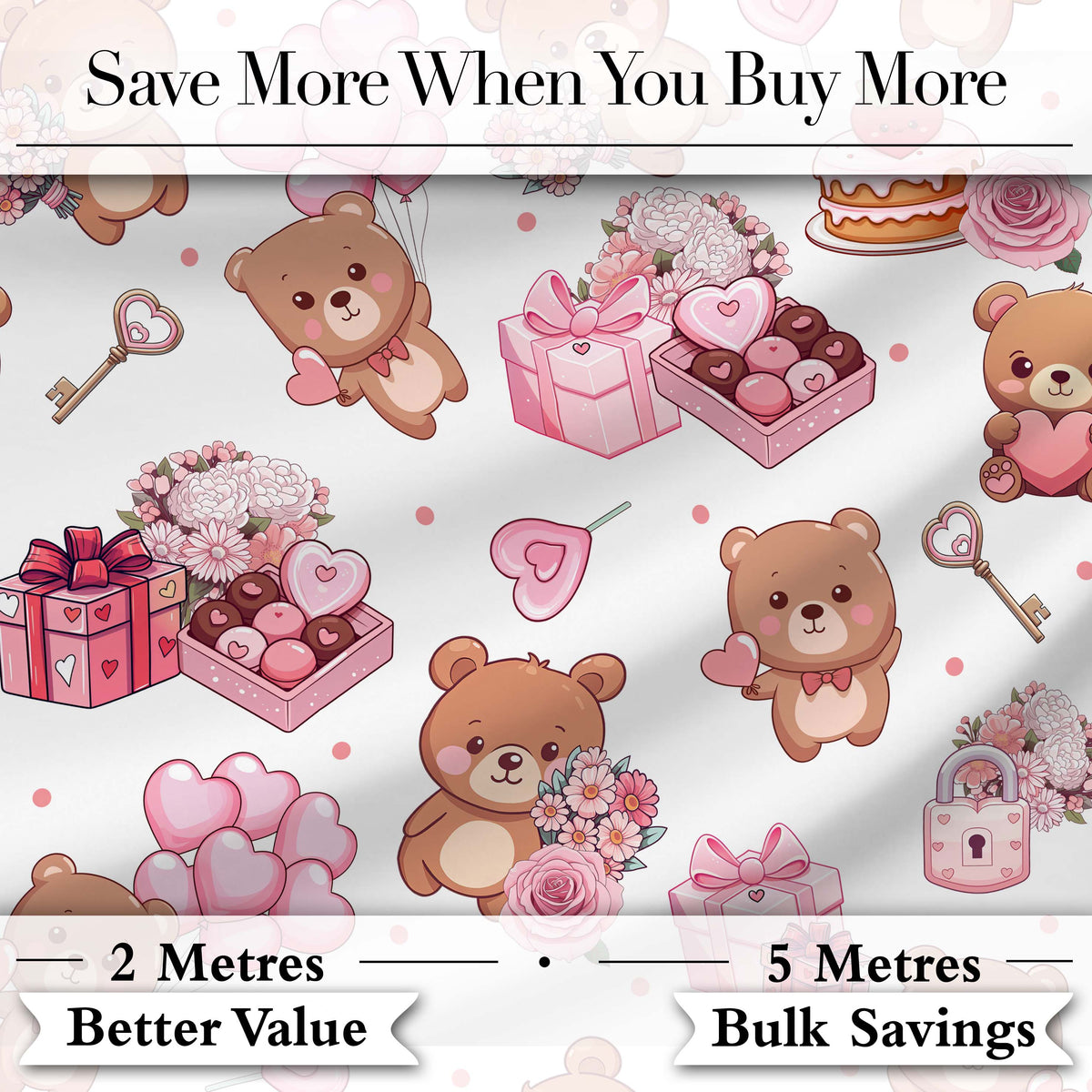 Cute Teddy Bears Hearts Balloons Gifts Grey Background Seamless Pattern Digital Print Fabric by the Metre UK Sewing Quilting Textile