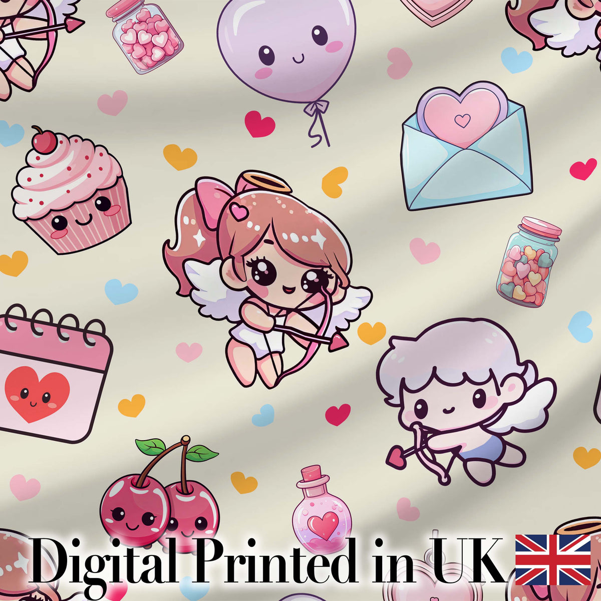 Cute Cupid Angels Hearts Sweets Love Theme Seamless Pattern Digital Print Fabric by the Metre UK Sewing Quilting Textile