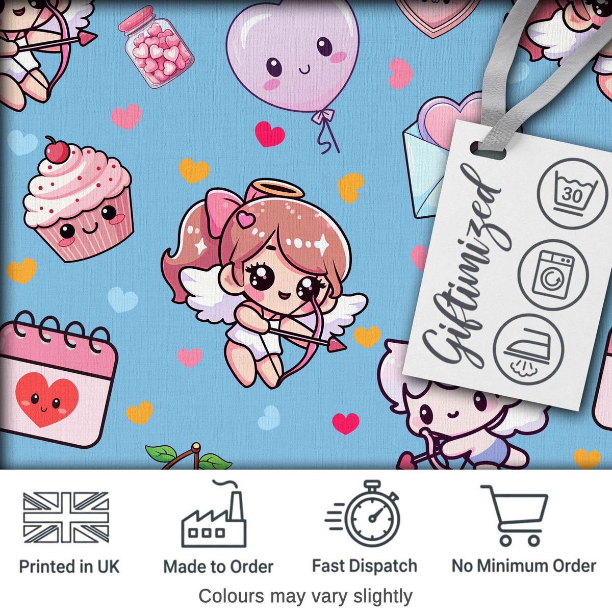 Cute Cupid Angels Hearts Sweets Blue Background Seamless Pattern Digital Print Fabric by the Metre UK Sewing Quilting Textile