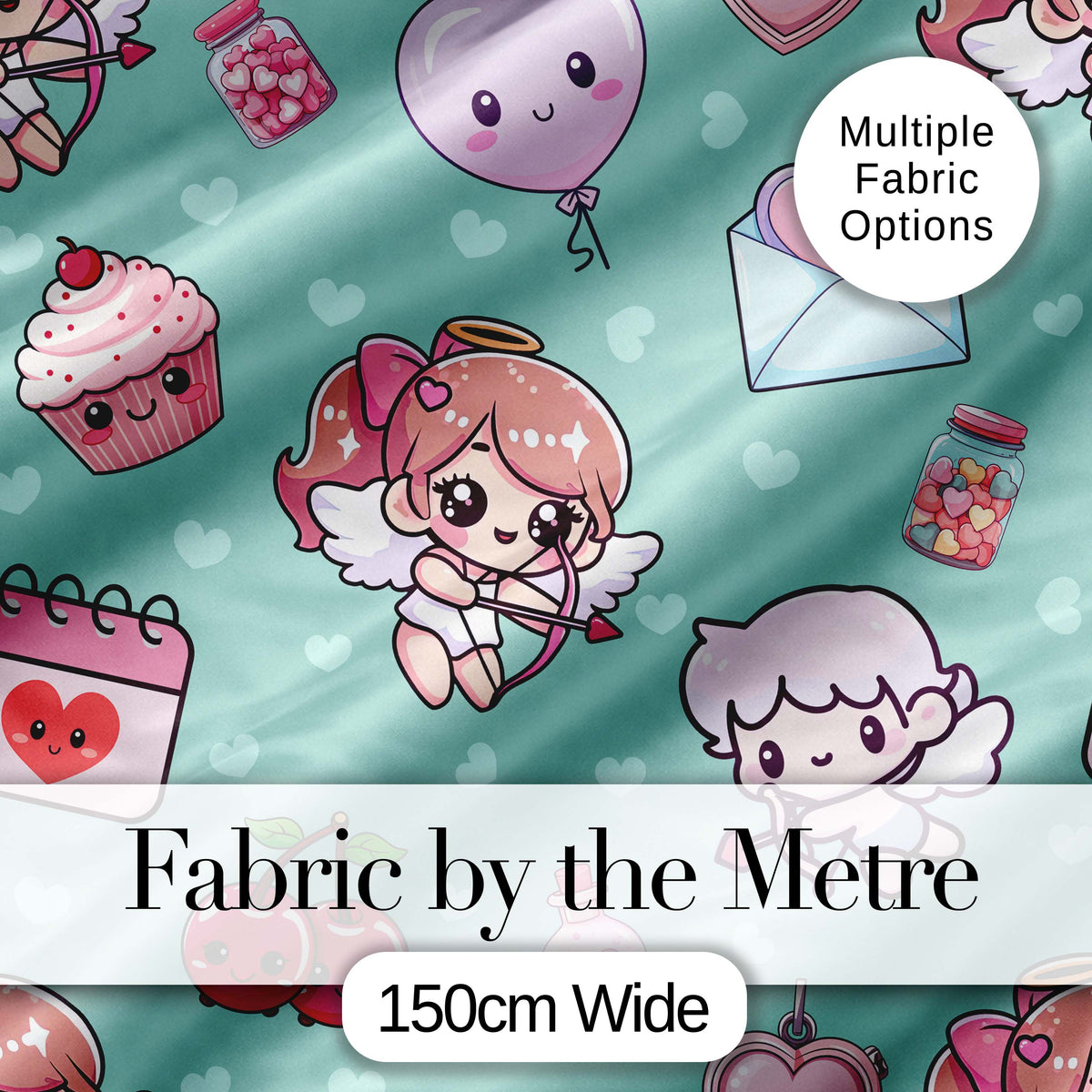 Cute Cupid Angels Hearts Sweets Mint Background Seamless Pattern Digital Print Fabric by the Metre UK Sewing Quilting Textile