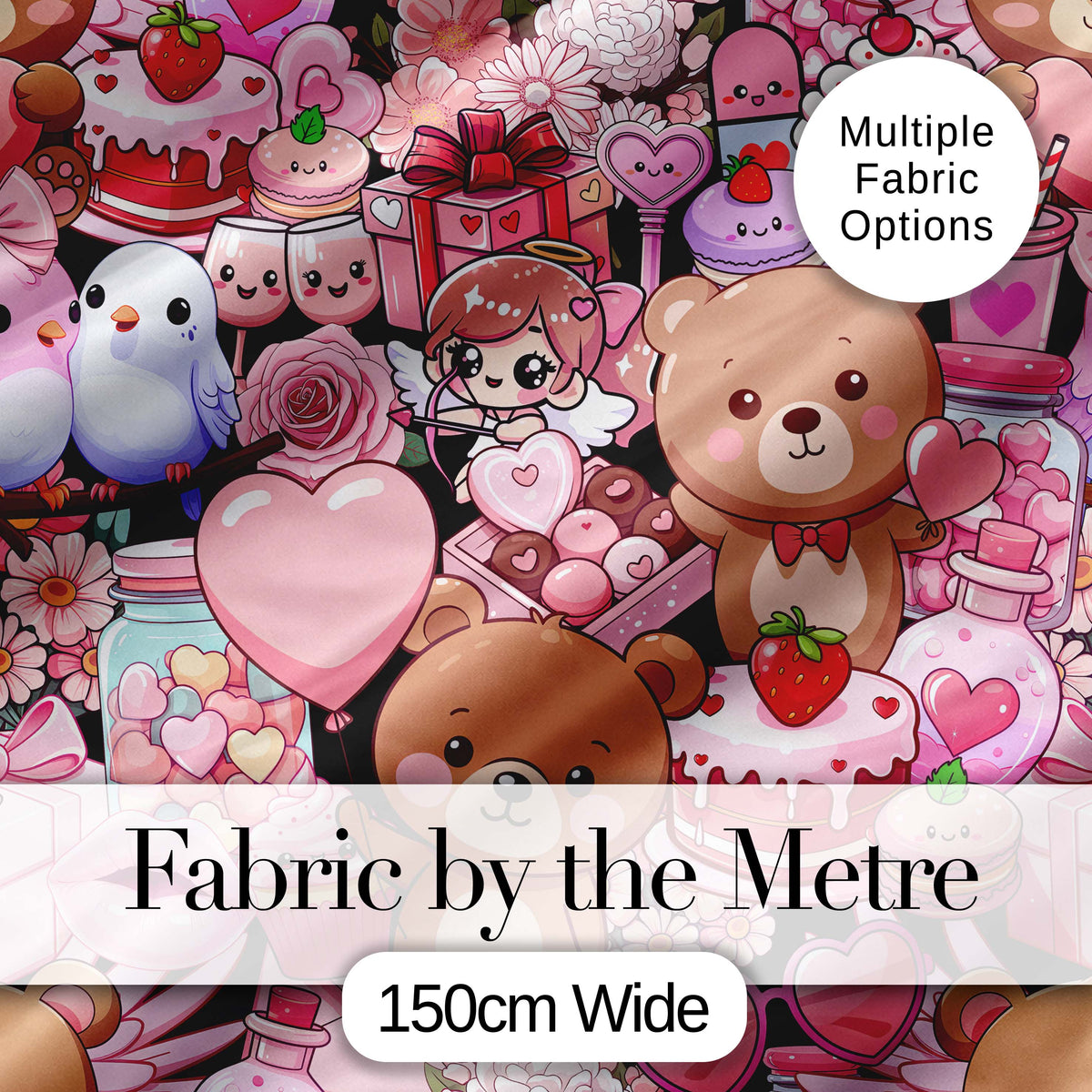 Cute Teddy Bears Cakes Flowers Valentines Kawaii Seamless Pattern Digital Print Fabric by the Metre UK Sewing Quilting Textile