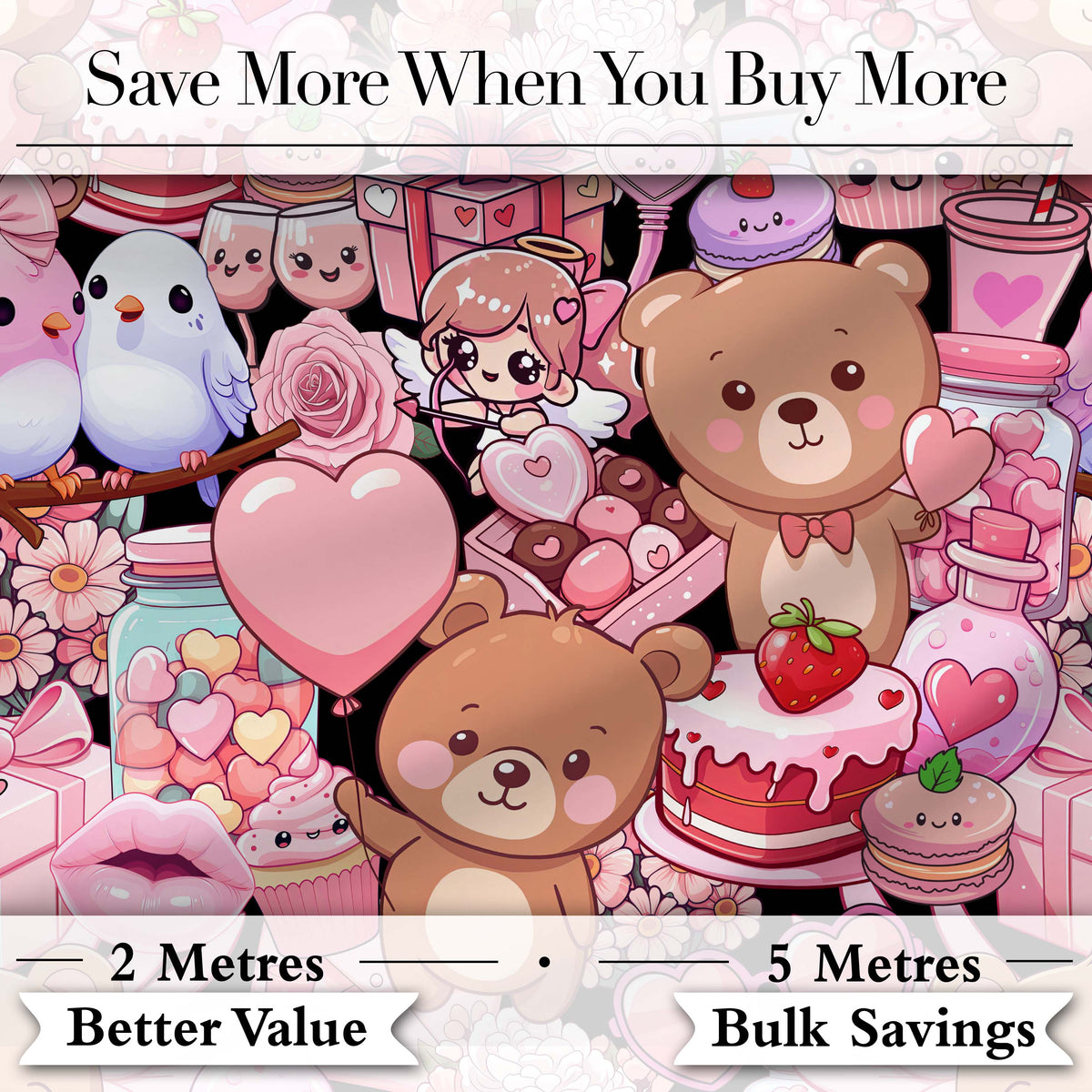Cute Teddy Bears Cakes Flowers Valentines Kawaii Seamless Pattern Digital Print Fabric by the Metre UK Sewing Quilting Textile