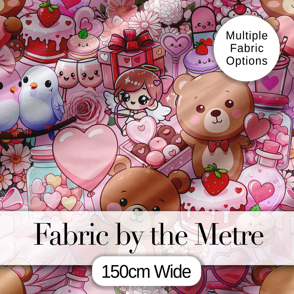 Cute Teddy Bears Cakes Flowers Pink Background Seamless Pattern Digital Print Fabric by the Metre UK Sewing Quilting Textile