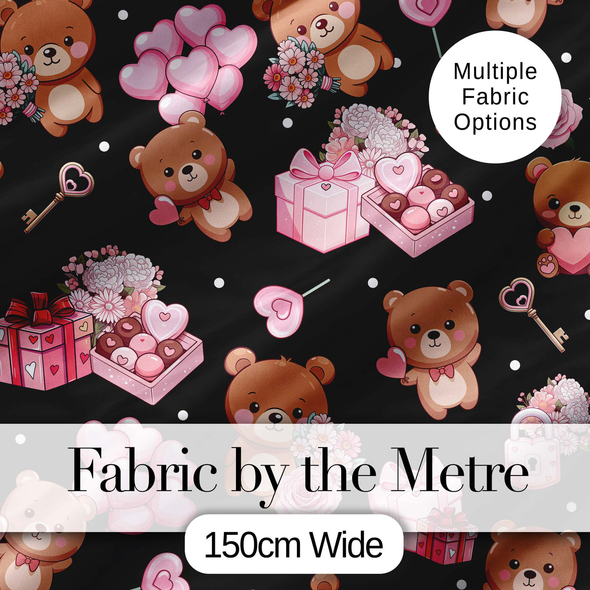 Cute Teddy Bears Gifts Hearts Black Background Seamless Pattern Digital Print Fabric by the Metre UK Sewing Quilting Textile