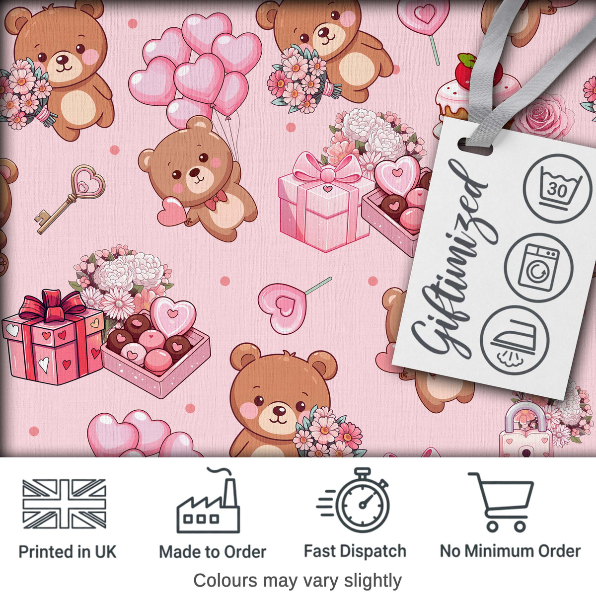 Cute Teddy Bears Gifts Hearts Light Pink Seamless Pattern Digital Print Fabric by the Metre UK Sewing Quilting Textile