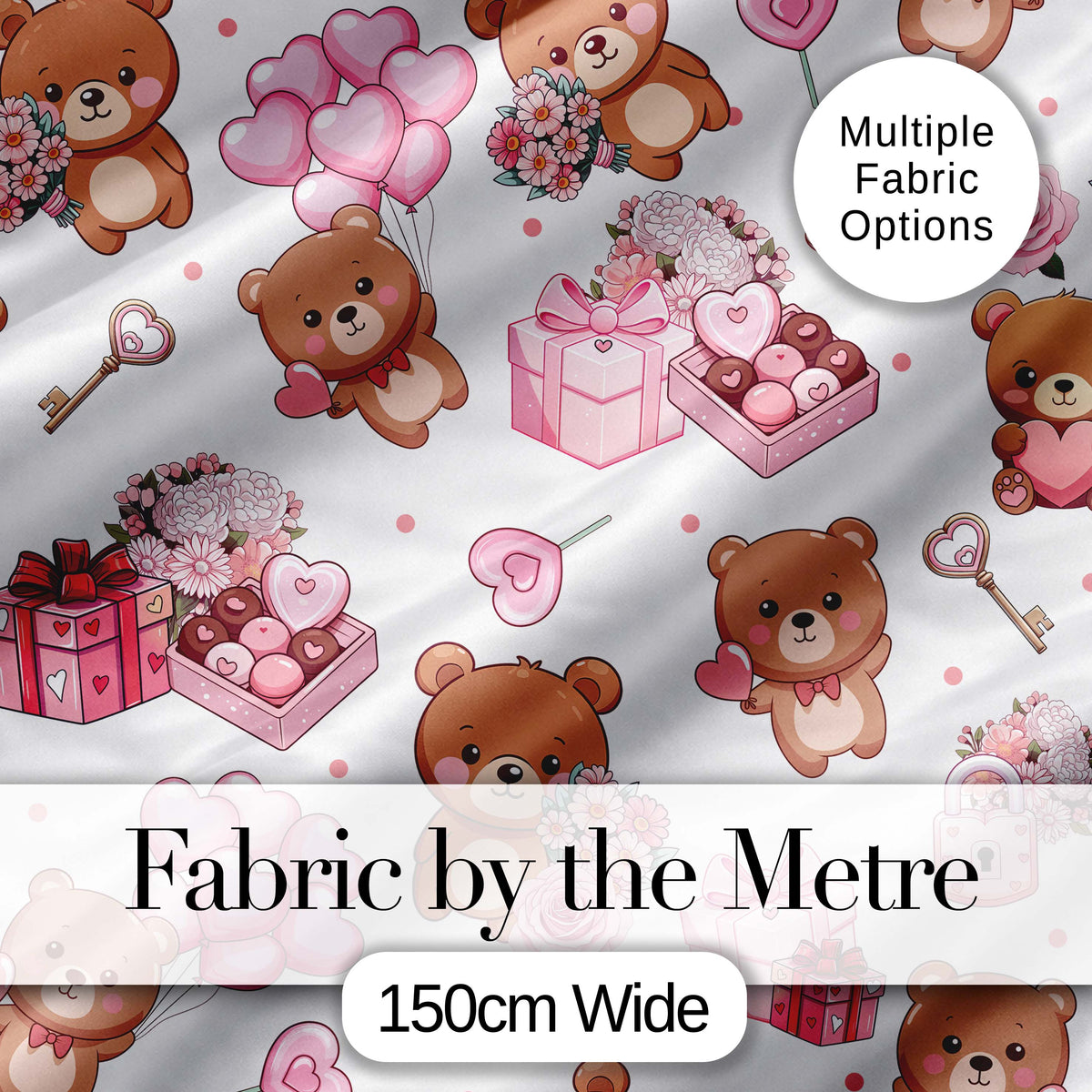Teddy Bear Hearts Gifts Chocolates Valentine Seamless Pattern Grey Background Digital Print Fabric by the Metre UK Sewing Quilting Textile