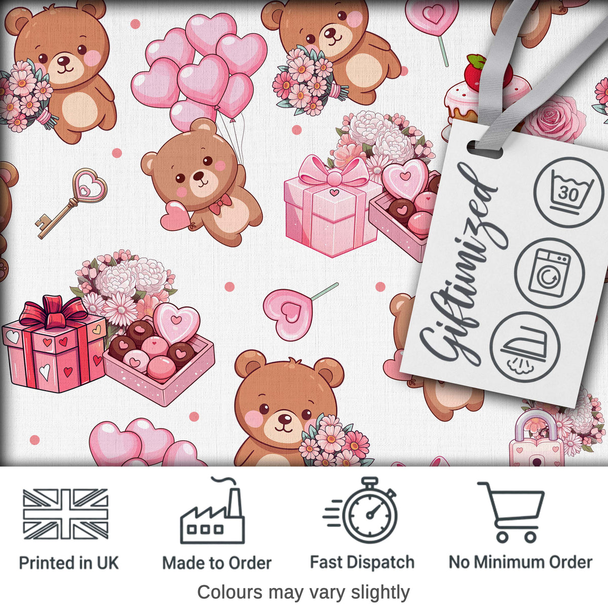 Teddy Bear Hearts Gifts Chocolates Valentine Seamless Pattern Grey Background Digital Print Fabric by the Metre UK Sewing Quilting Textile