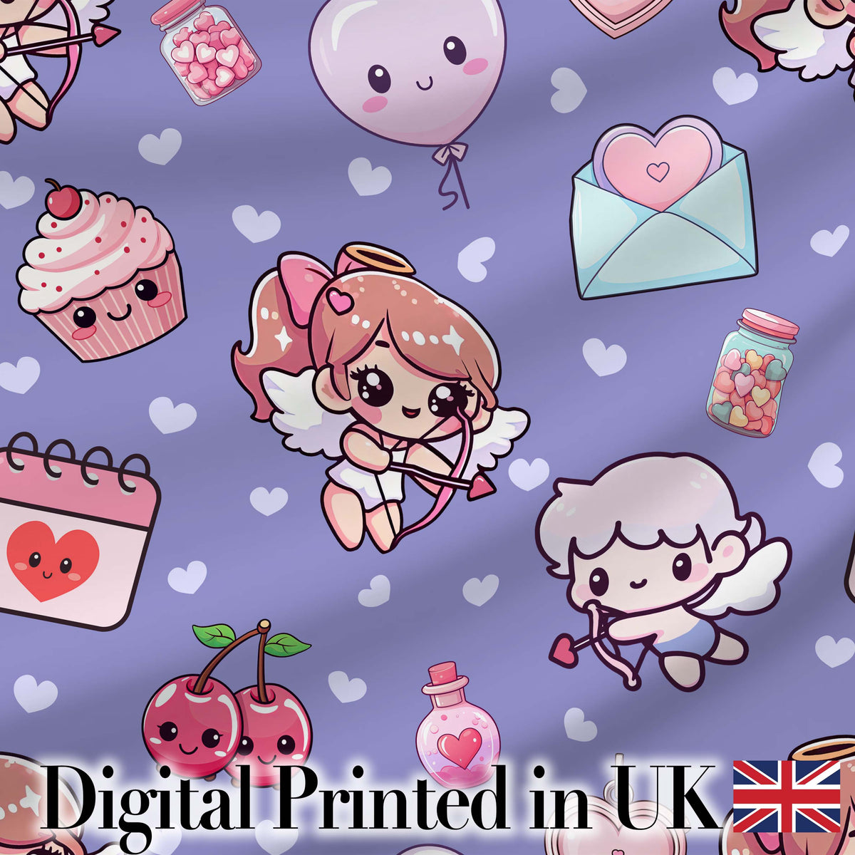 Cupid Angels Hearts Sweets Kawaii Valentine Seamless Pattern Red Background Digital Print Fabric by the Metre UK Sewing Quilting Textile