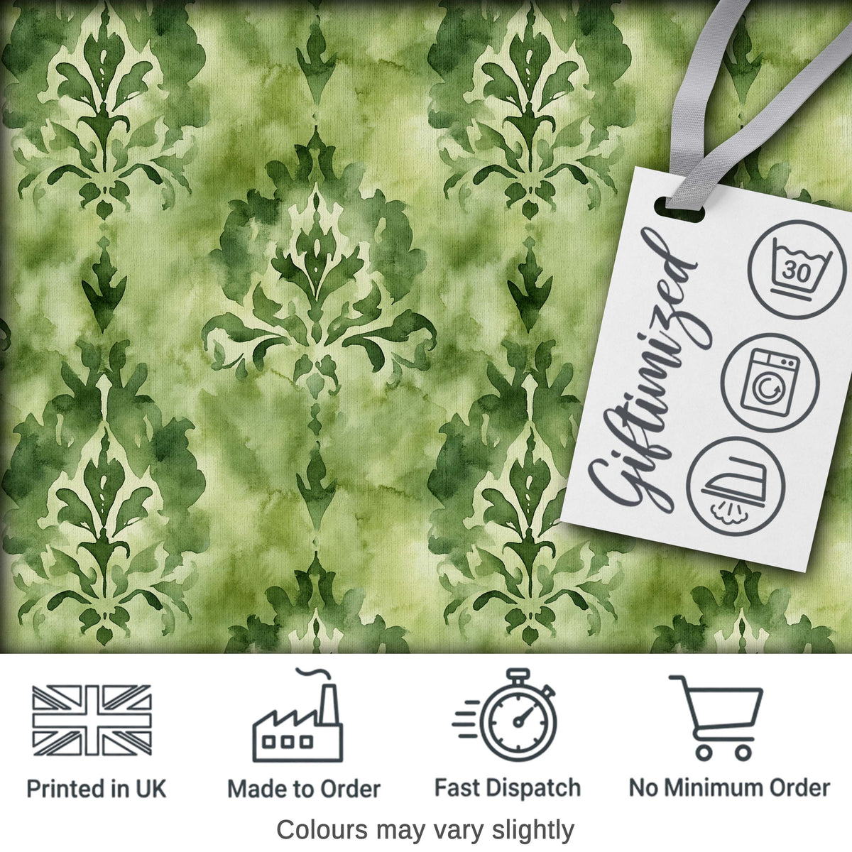 Green Watercolor Damask Pattern Classic Ornamental Seamless Design Digital Print Fabric by the Metre UK Sewing Quilting Textile