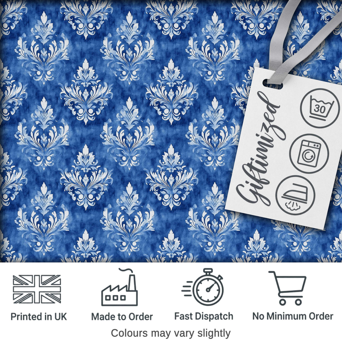 Blue Vintage Damask Floral Classic Seamless Pattern Digital Print Fabric by the Metre UK Sewing Quilting Textile