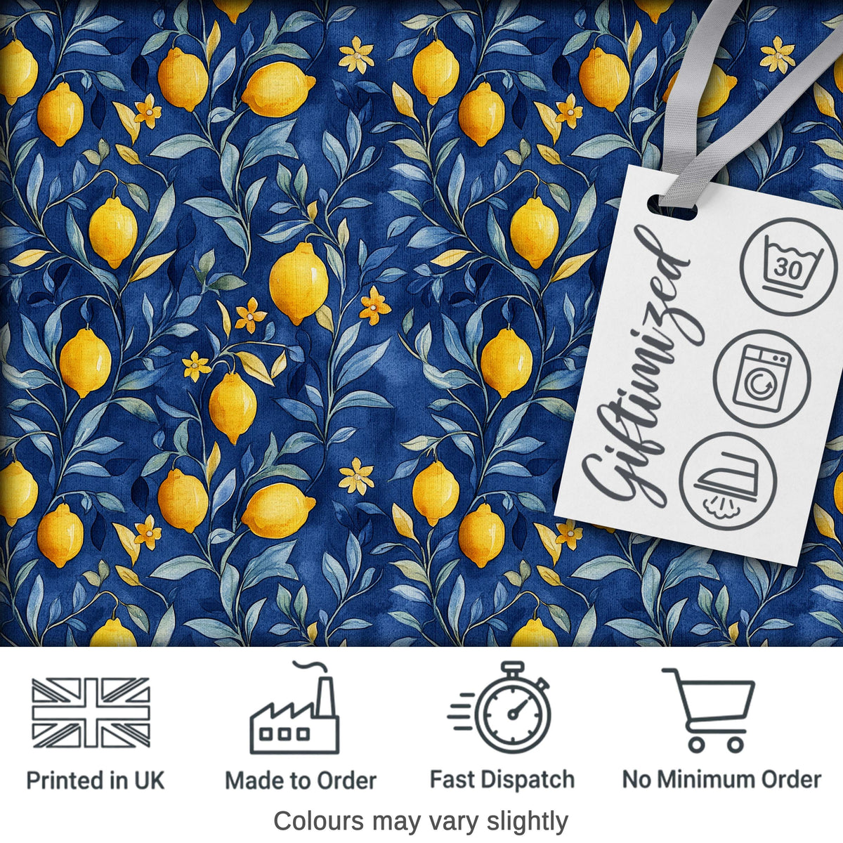 Lemon Branch Navy Botanical Elegant Seamless Pattern Digital Print Fabric by the Metre UK Sewing Quilting Textile