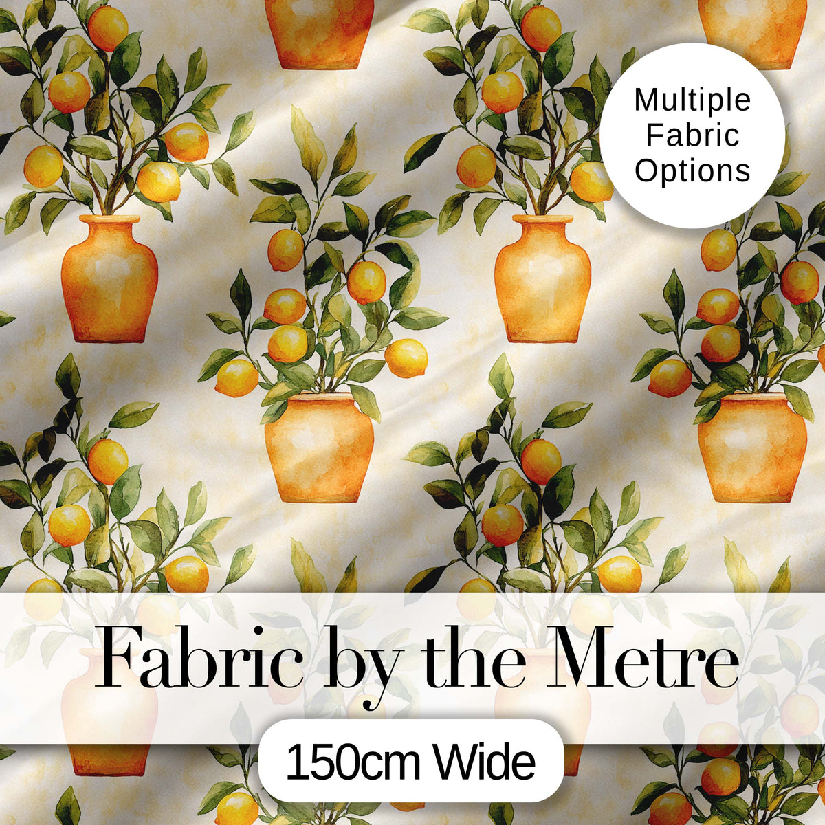 Lemon Tree Pot Rustic Mediterranean Seamless Pattern Digital Print Fabric by the Metre UK Sewing Quilting Textile