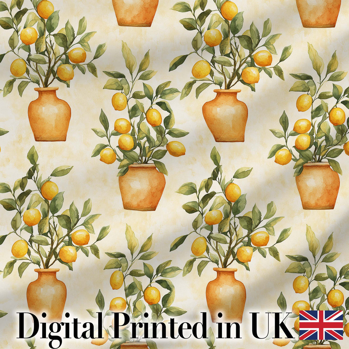 Lemon Tree Pot Rustic Mediterranean Seamless Pattern Digital Print Fabric by the Metre UK Sewing Quilting Textile