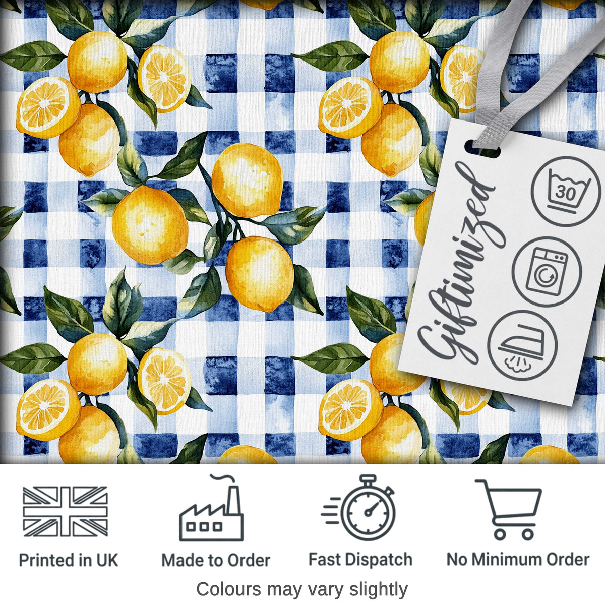 Watercolor Lemon Fruit Blue Gingham Picnic Seamless Pattern Digital Print Fabric by the Metre UK Sewing Quilting Textile