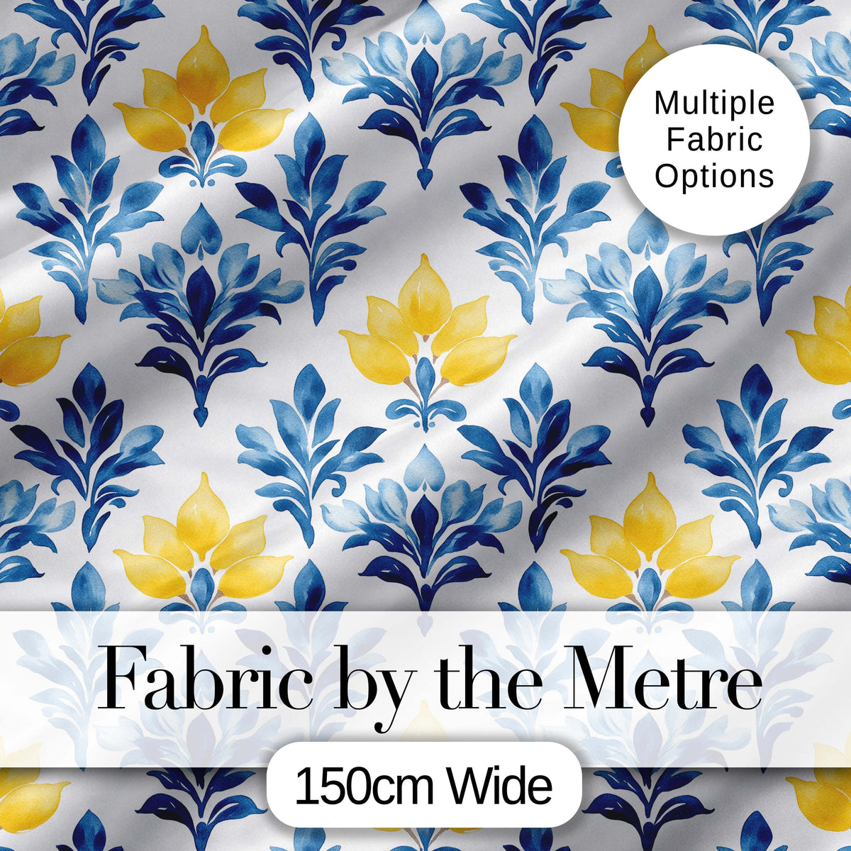 Blue Yellow Floral Motif Vintage Seamless Pattern Digital Print Fabric by the Metre UK Sewing Quilting Textile