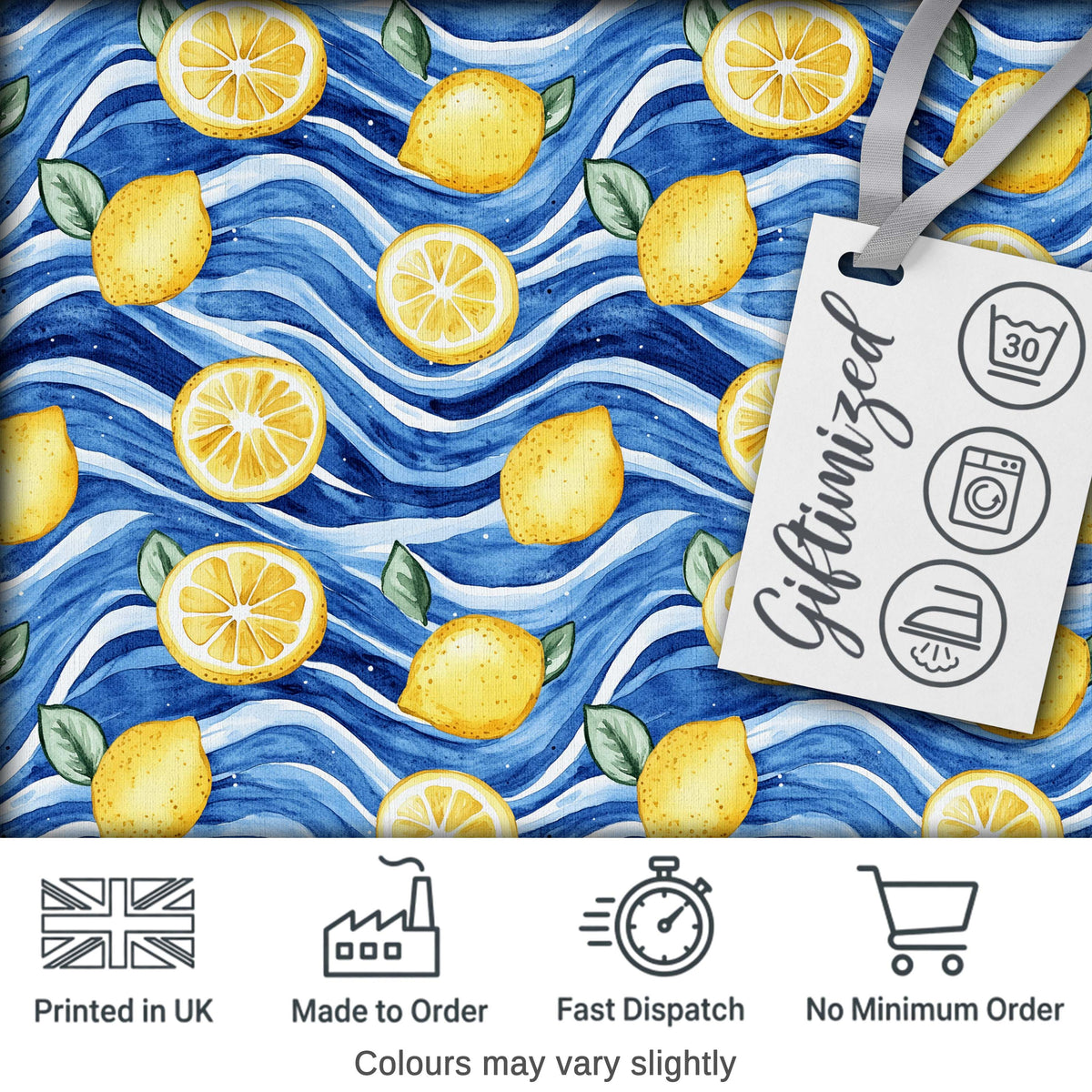Bright Lemon Slices Blue Ocean Waves Summer Coastal Seamless Pattern Design Digital Print Fabric by the Metre UK Sewing Quilting Textile