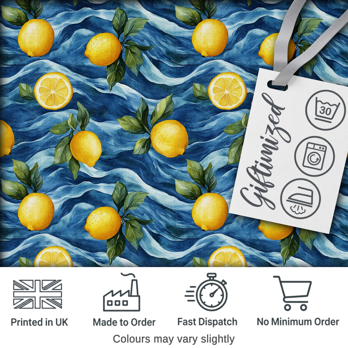 Hand Painted Lemon Fruit Flowing Water Waves Seamless Pattern Coastal Style Digital Print Fabric by the Metre UK Sewing Quilting Textile