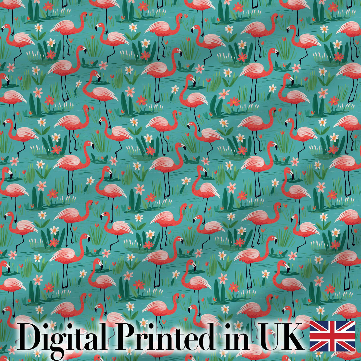 Playful Flamingo Birds with Floral Garden Background Seamless Pattern Digital Print Fabric by the Metre UK Sewing Quilting Textile