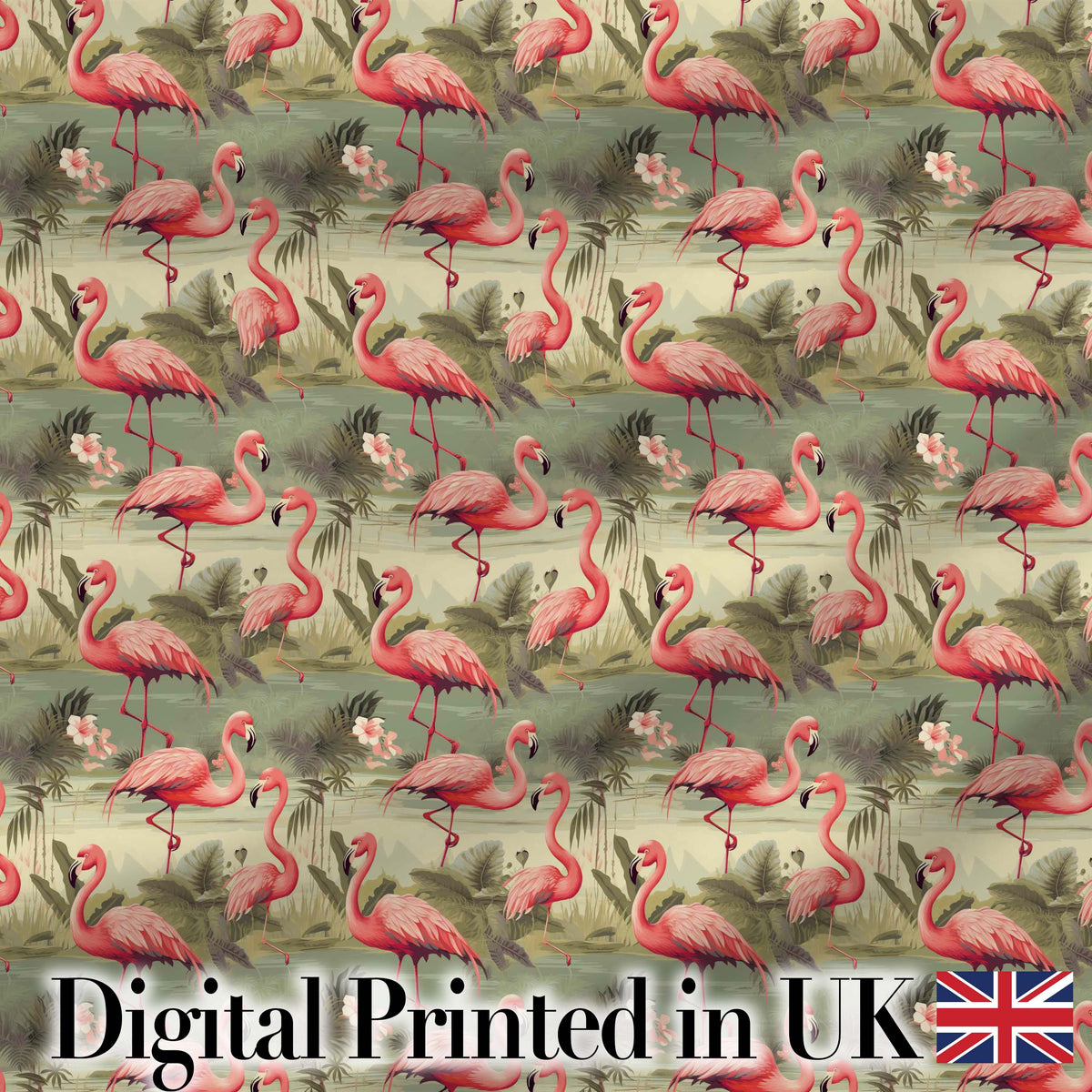 Elegant Flamingo Birds with Botanical Jungle Theme Seamless Pattern Digital Print Fabric by the Metre UK Sewing Quilting Textile
