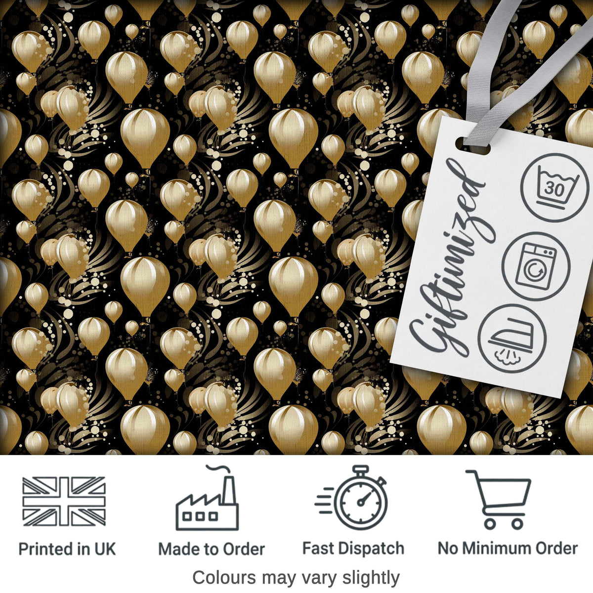 Gold Balloon Glamorous Seamless Pattern Elegant Celebration Background Design Digital Print Fabric by the Metre UK Sewing Quilting Textile