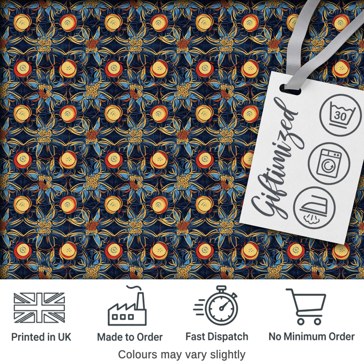 Dark Navy Gold Botanical Floral Luxury Seamless Pattern Digital Print Fabric by the Metre UK Sewing Quilting Textile