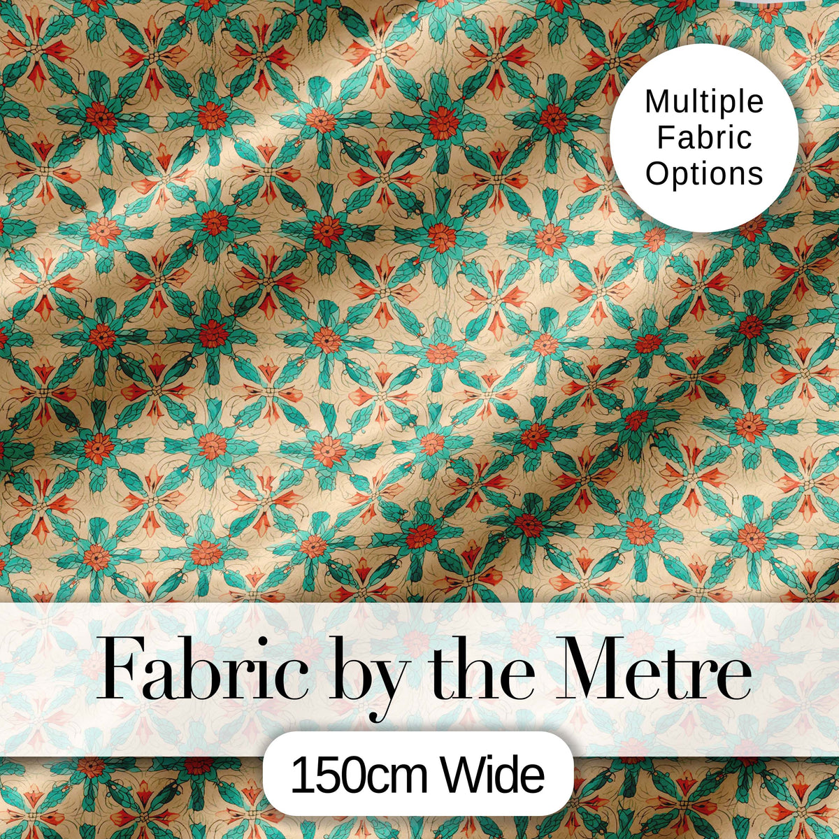 Elegant Teal Coral Symmetrical Floral Pattern Seamless Digital Print Fabric by the Metre UK Sewing Quilting Textile