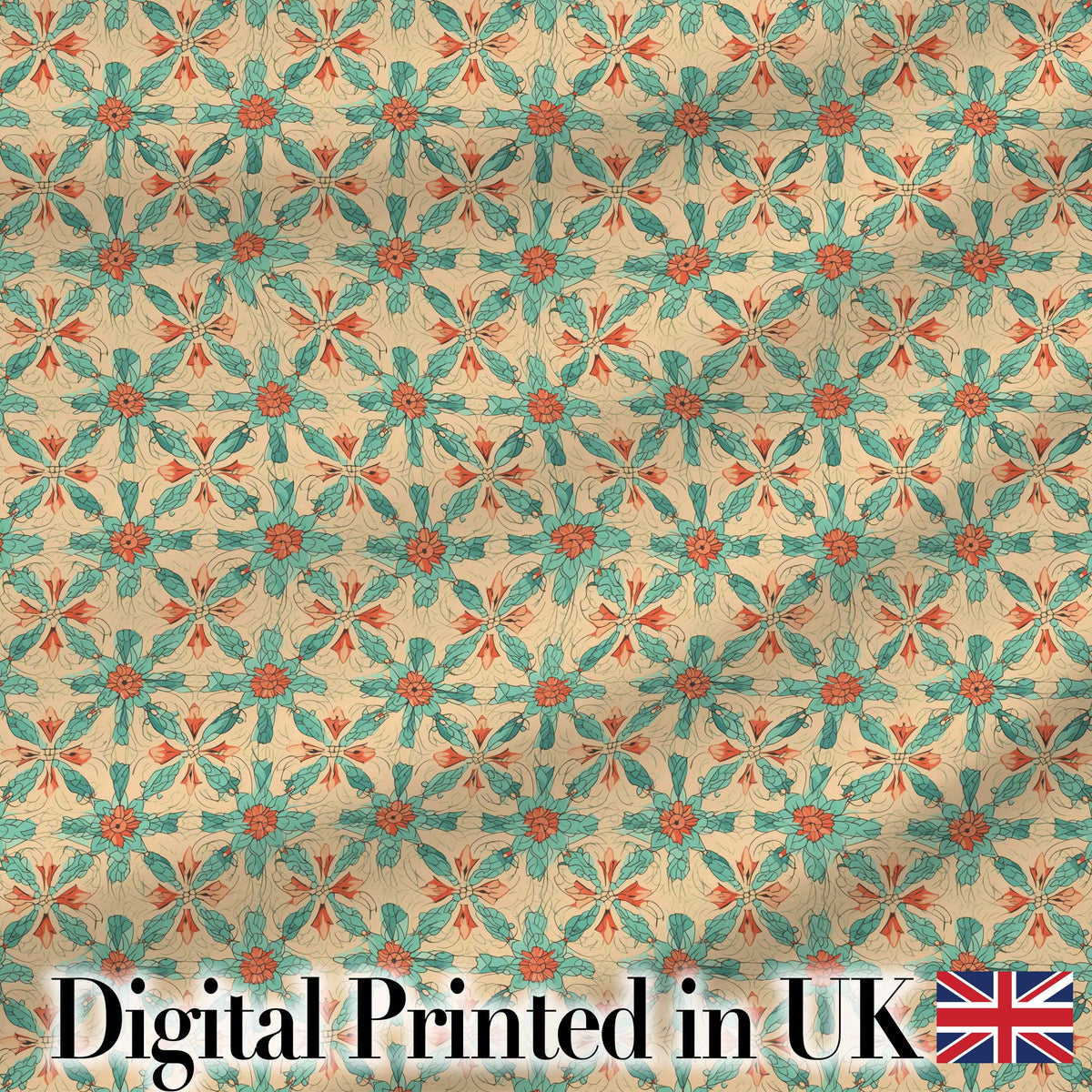 Elegant Teal Coral Symmetrical Floral Pattern Seamless Digital Print Fabric by the Metre UK Sewing Quilting Textile