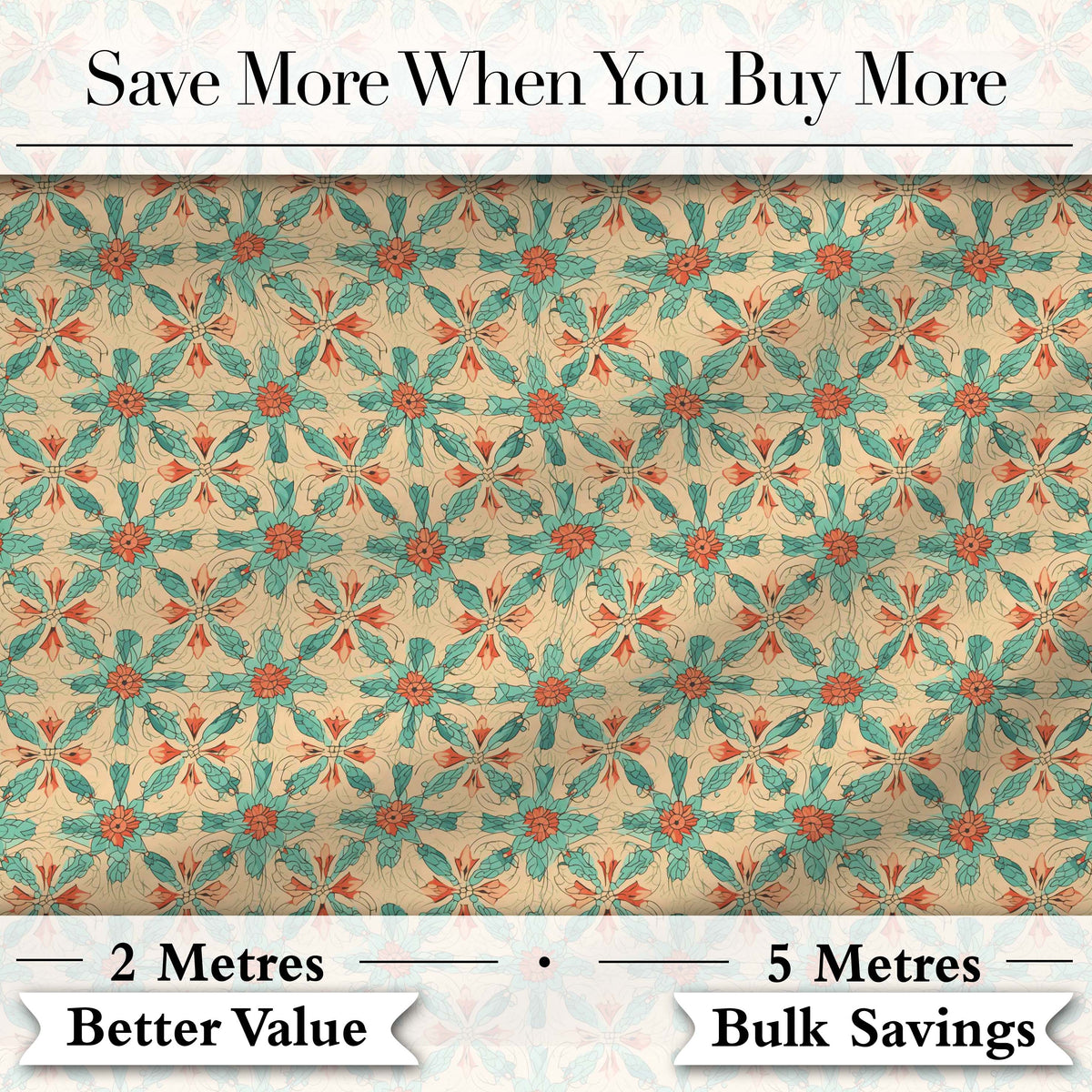 Elegant Teal Coral Symmetrical Floral Pattern Seamless Digital Print Fabric by the Metre UK Sewing Quilting Textile