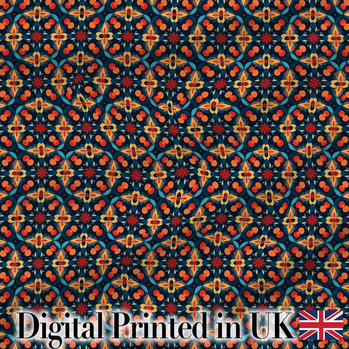 Geometric Floral Pattern with Orange Teal and Gold Symmetry Digital Print Fabric by the Metre UK Sewing Quilting Textile