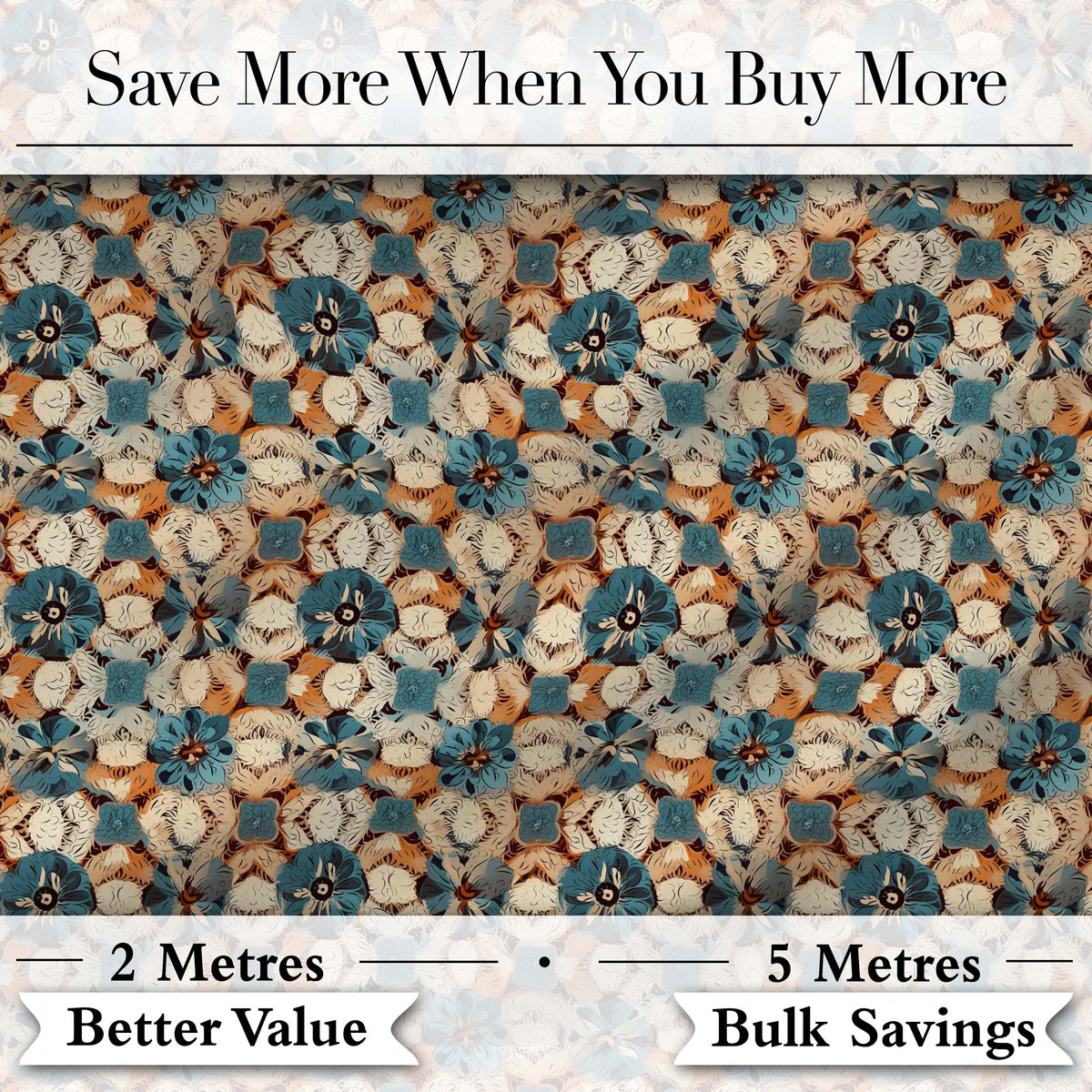 Rustic Floral Patchwork Pattern with Blue Cream and Warm Earth Tones Digital Print Fabric by the Metre UK Sewing Quilting Textile