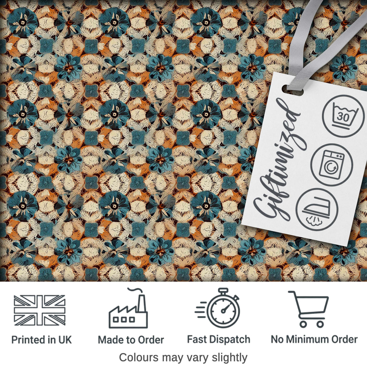 Rustic Floral Patchwork Pattern with Blue Cream and Warm Earth Tones Digital Print Fabric by the Metre UK Sewing Quilting Textile