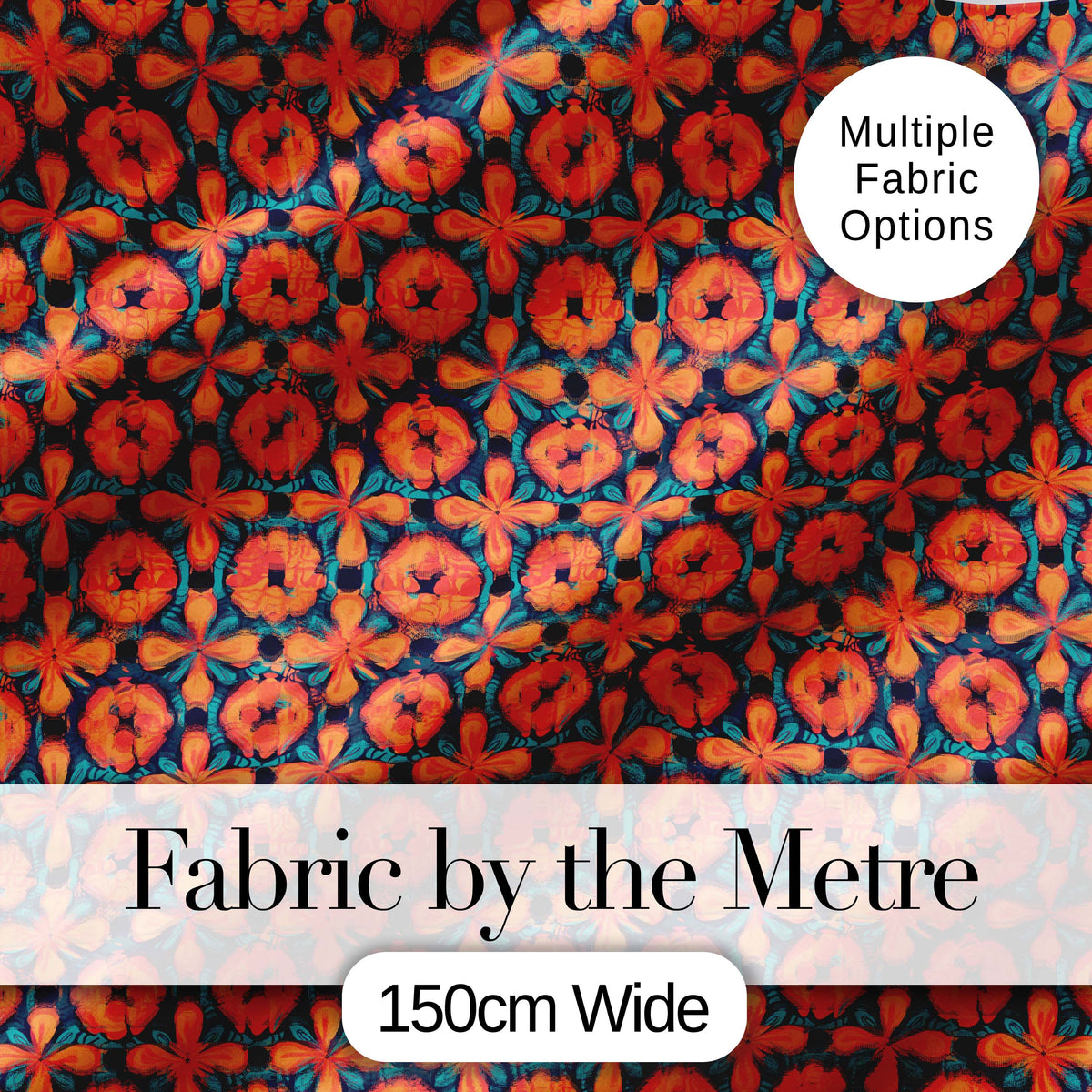 Bold Floral Tile Pattern in Orange and Teal Geometric Style Digital Print Fabric by the Metre UK Sewing Quilting Textile