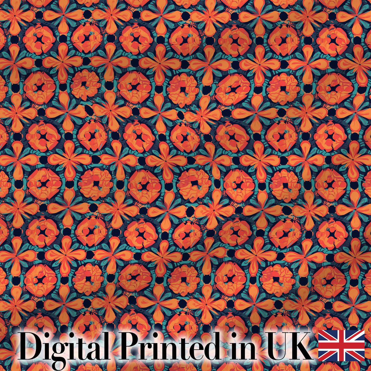 Bold Floral Tile Pattern in Orange and Teal Geometric Style Digital Print Fabric by the Metre UK Sewing Quilting Textile