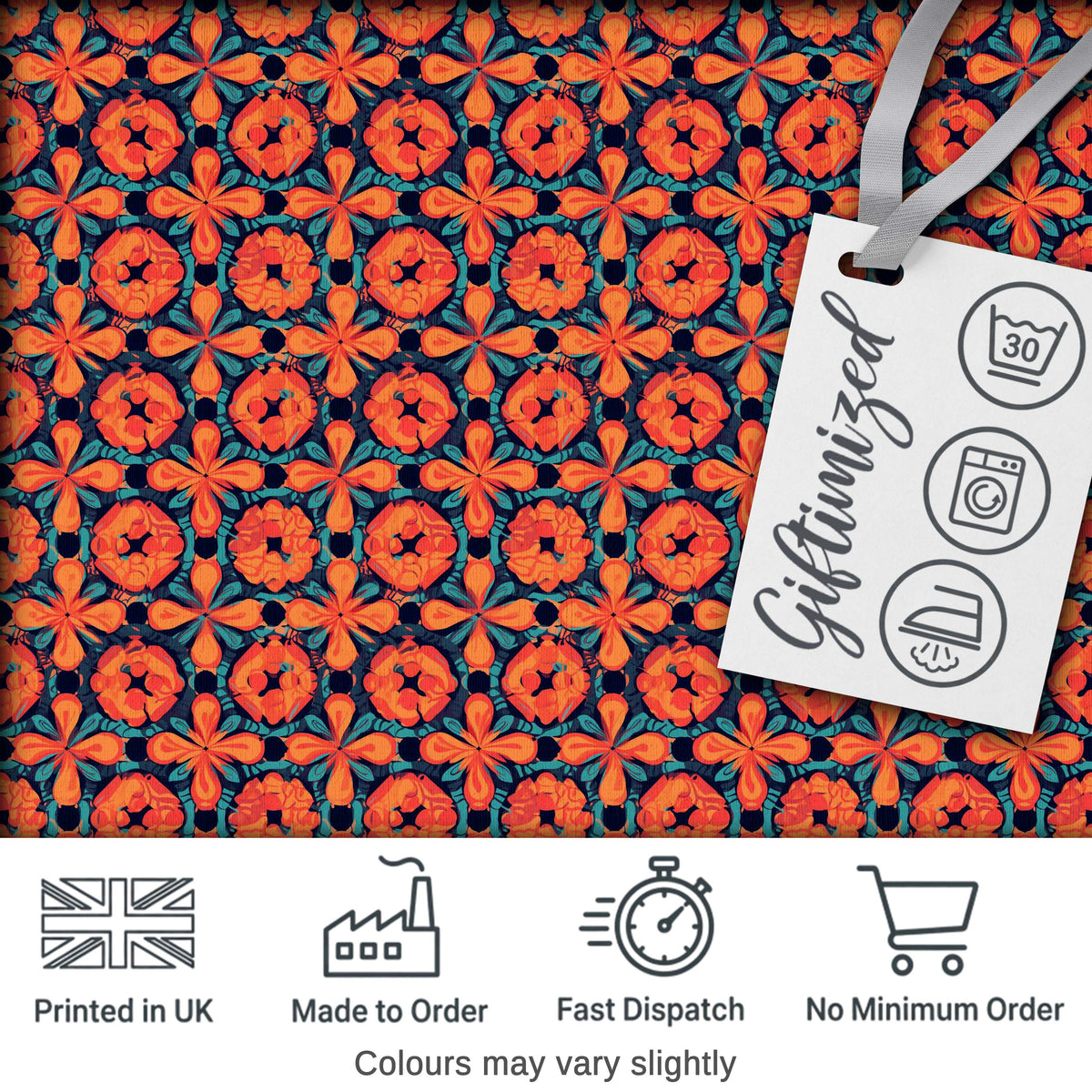Bold Floral Tile Pattern in Orange and Teal Geometric Style Digital Print Fabric by the Metre UK Sewing Quilting Textile