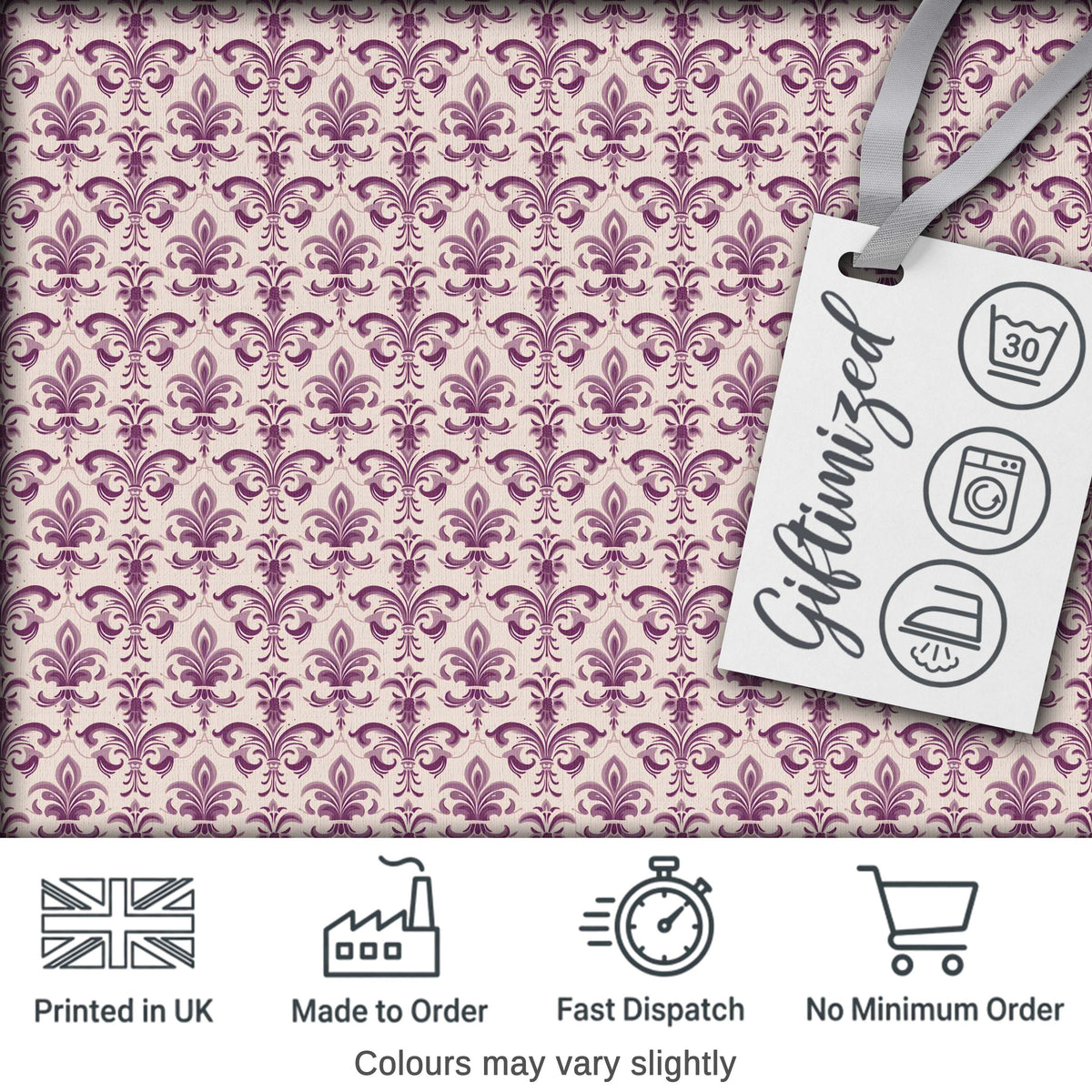 Ornate Baroque Fleur de Lis Pattern in Deep Plum on Neutral Background Digital Print Fabric by the Metre UK Sewing Quilting Textile