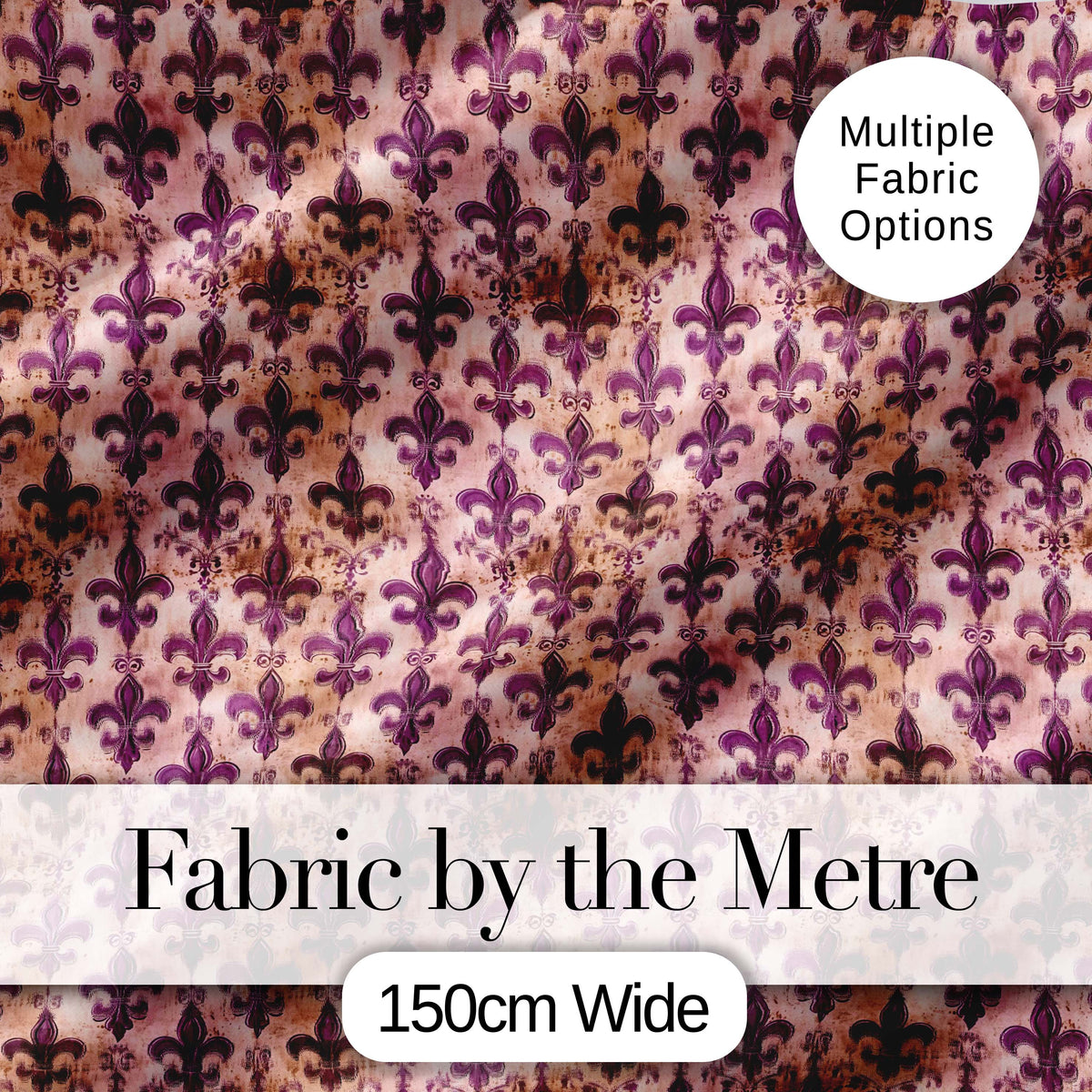Antique Style Fleur de Lis Pattern in Deep Purple with Distressed Background Digital Print Fabric by the Metre UK Sewing Quilting Textile