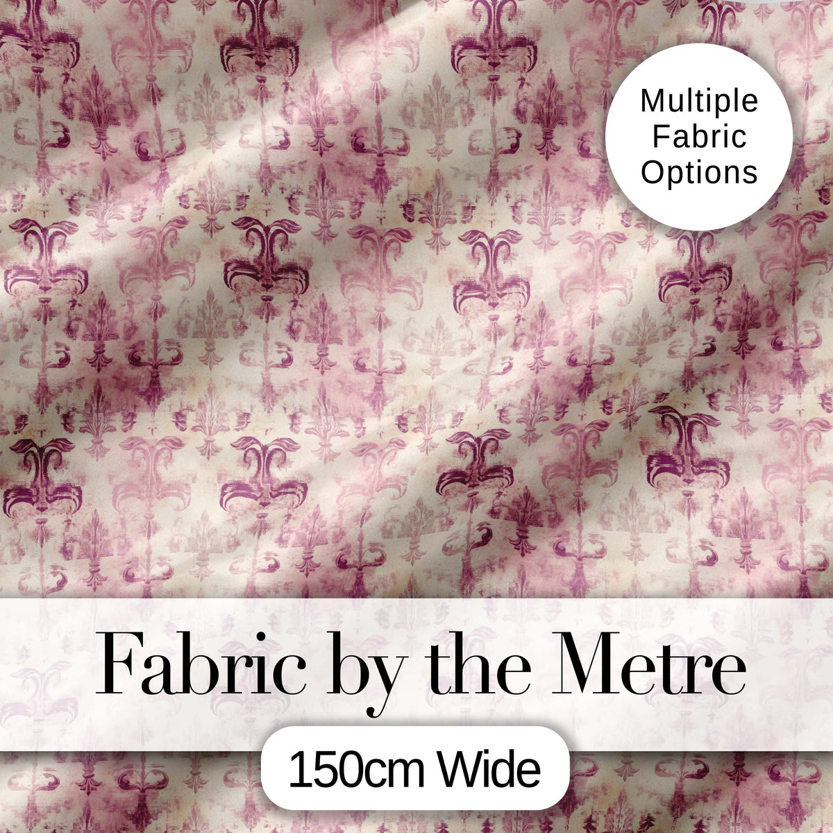 Shabby Chic Purple Damask Fleur De Lis Pattern Distressed Vintage Style Digital Print Fabric by the Metre UK Sewing Quilting Textile