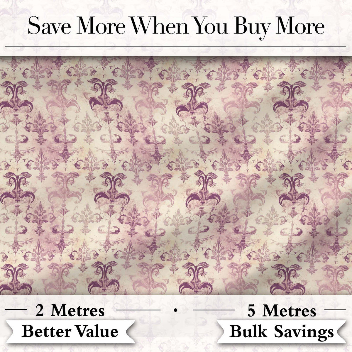Shabby Chic Purple Damask Fleur De Lis Pattern Distressed Vintage Style Digital Print Fabric by the Metre UK Sewing Quilting Textile