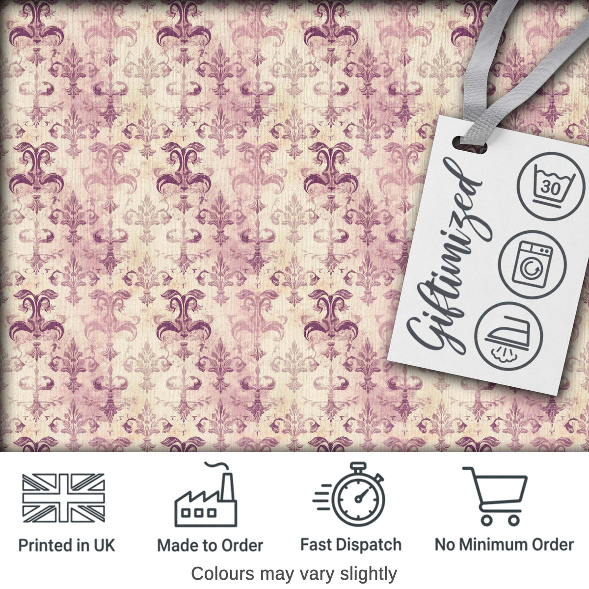 Shabby Chic Purple Damask Fleur De Lis Pattern Distressed Vintage Style Digital Print Fabric by the Metre UK Sewing Quilting Textile