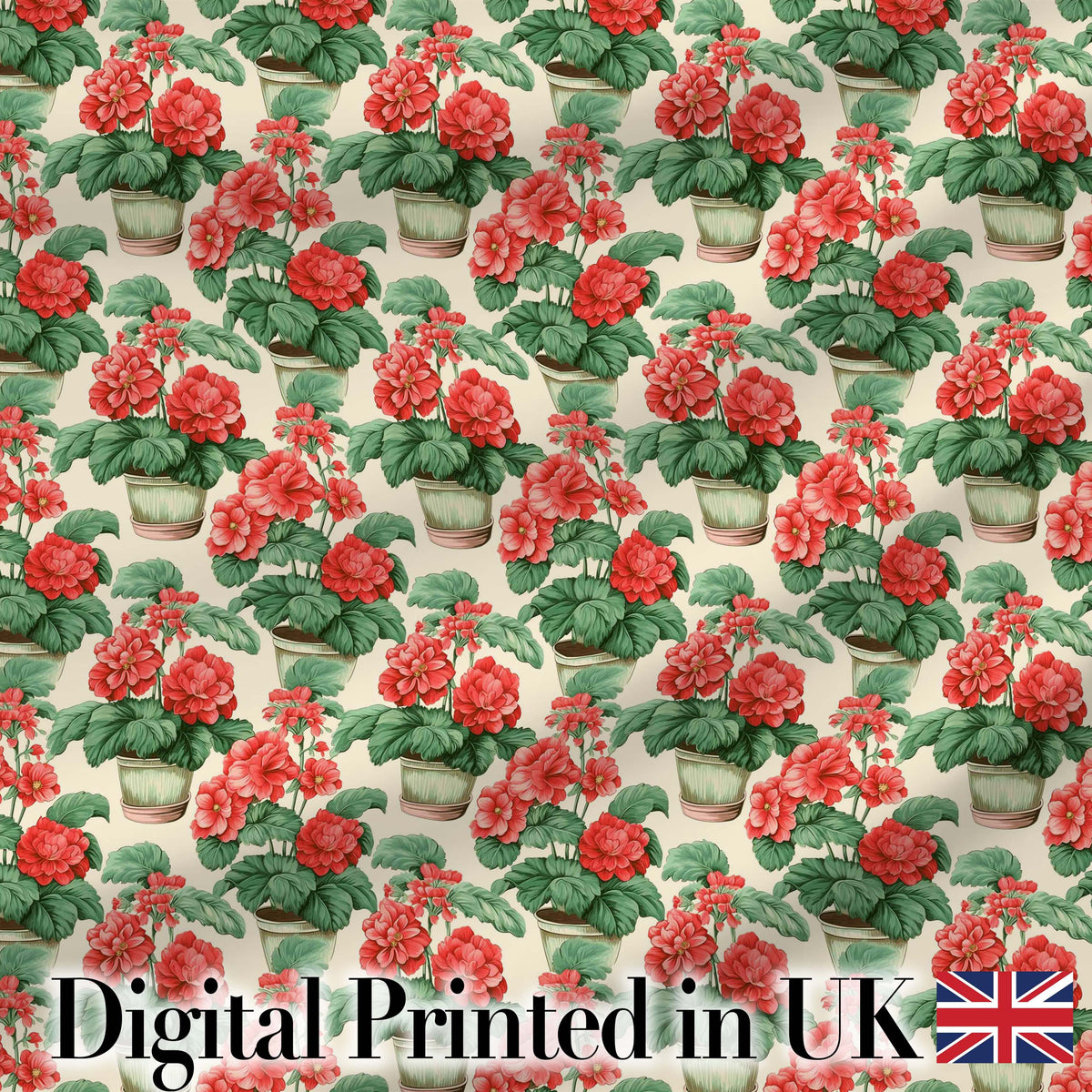 Red Geranium Potted Plant Seamless Pattern Botanical Garden Style Digital Print Fabric by the Metre UK Sewing Quilting Textile