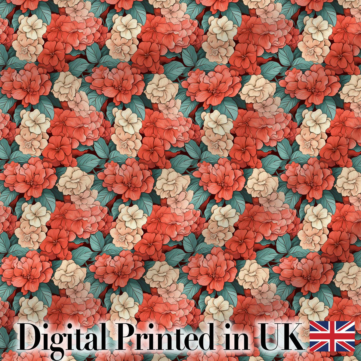 Peach and Red Floral Elegant Seamless Pattern Dark Background Textile Digital Print Fabric by the Metre UK Sewing Quilting Textile