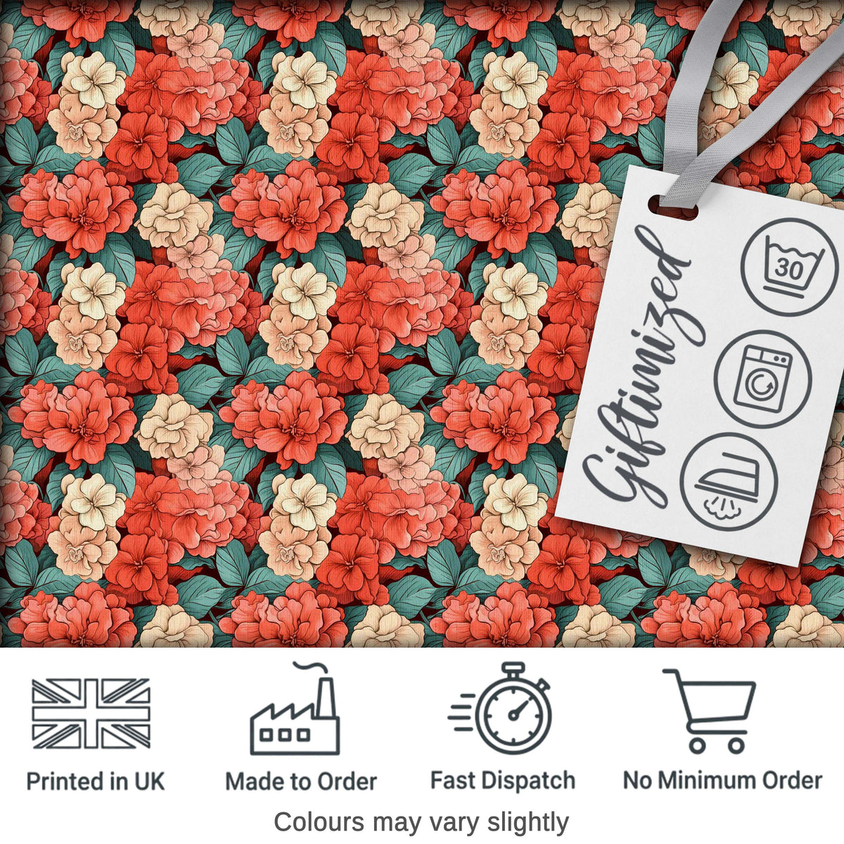 Peach and Red Floral Elegant Seamless Pattern Dark Background Textile Digital Print Fabric by the Metre UK Sewing Quilting Textile